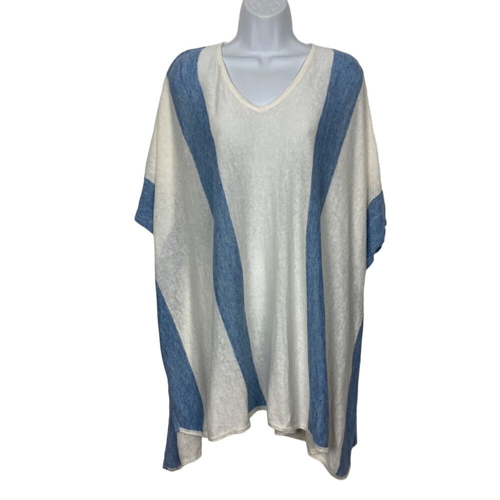 J McLaughlin Linen Poncho One Size Blue Stripe Coverup Coastal Beach Resort